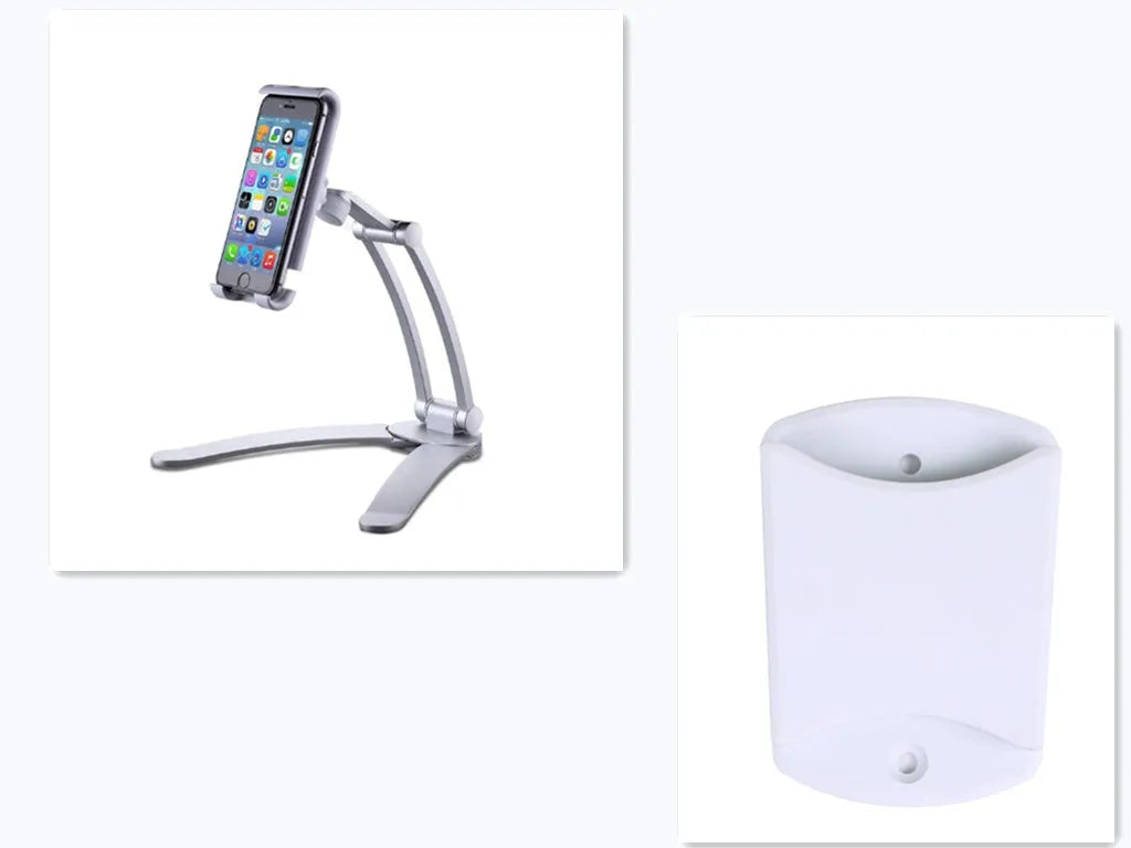Silver aluminium alloy tablet stand with white mount and adjustable clip on a desktop
