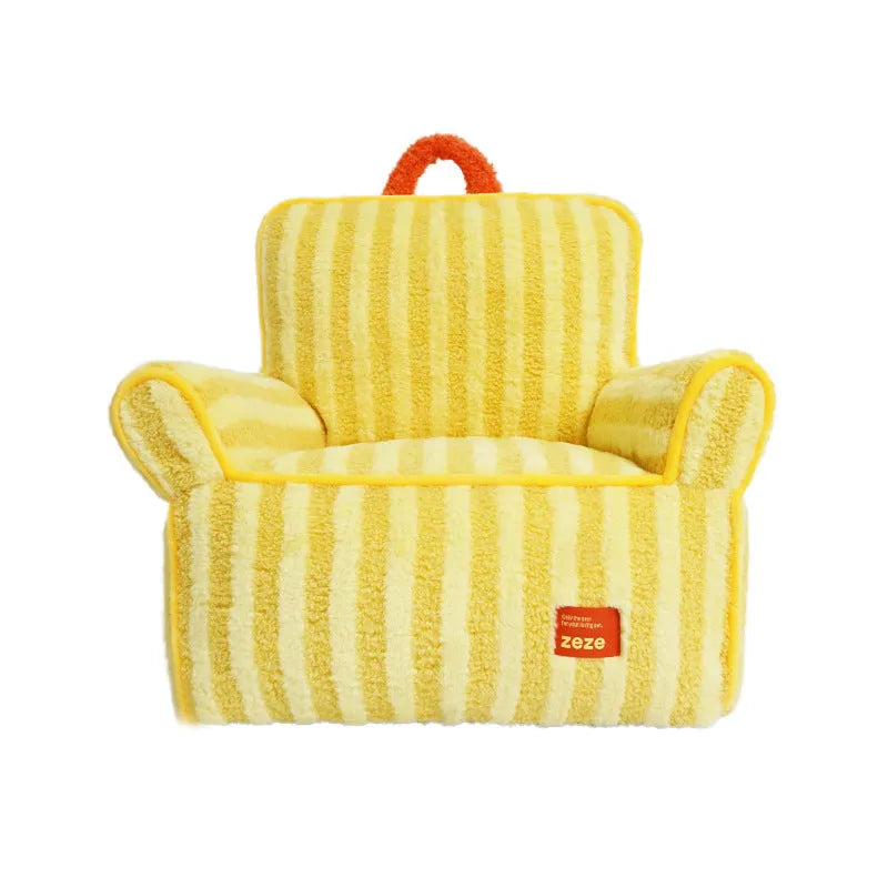 Striped soft velvet dog bed with removable cover in yellow, orange, and purple colour options.