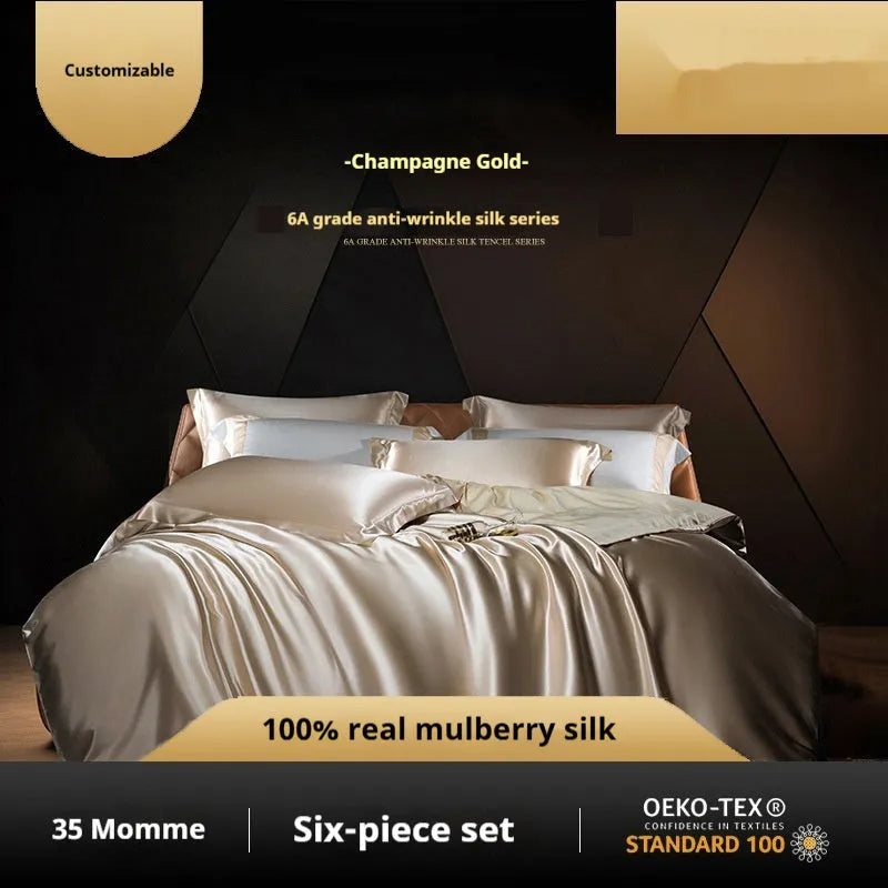 Silk four-piece quilt cover set in solid colour with fitted or flat sheet options for UK bed sizes.