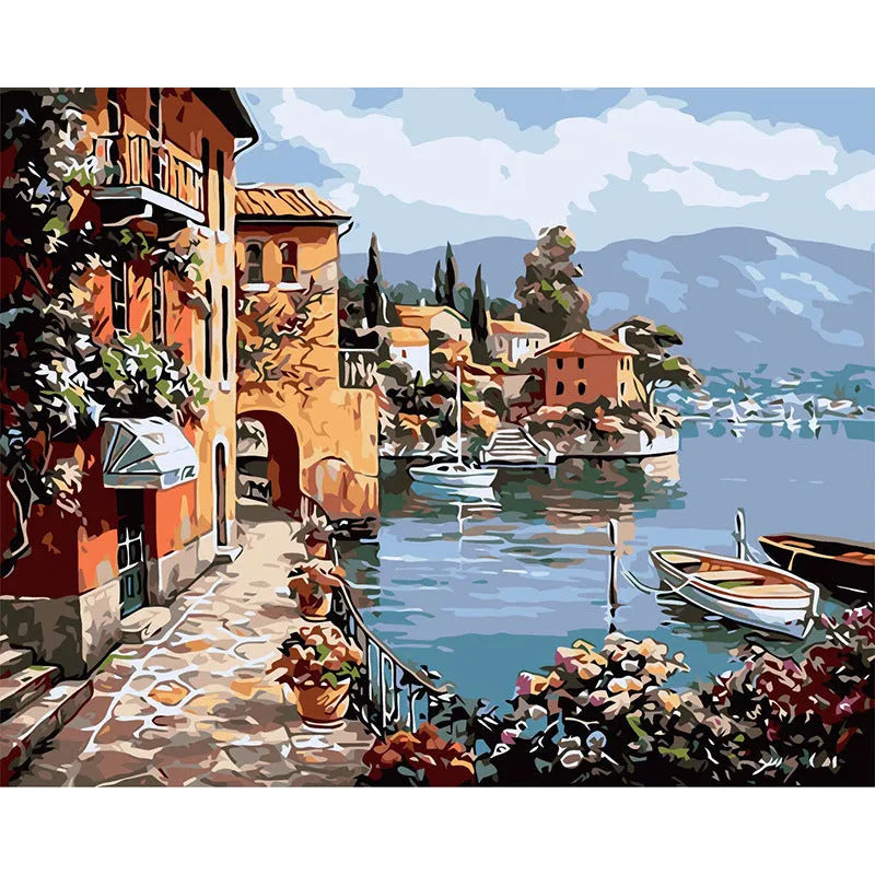 Rimless linen landscape oil painting in modern simple style, 40x50cm hand-painted wall art