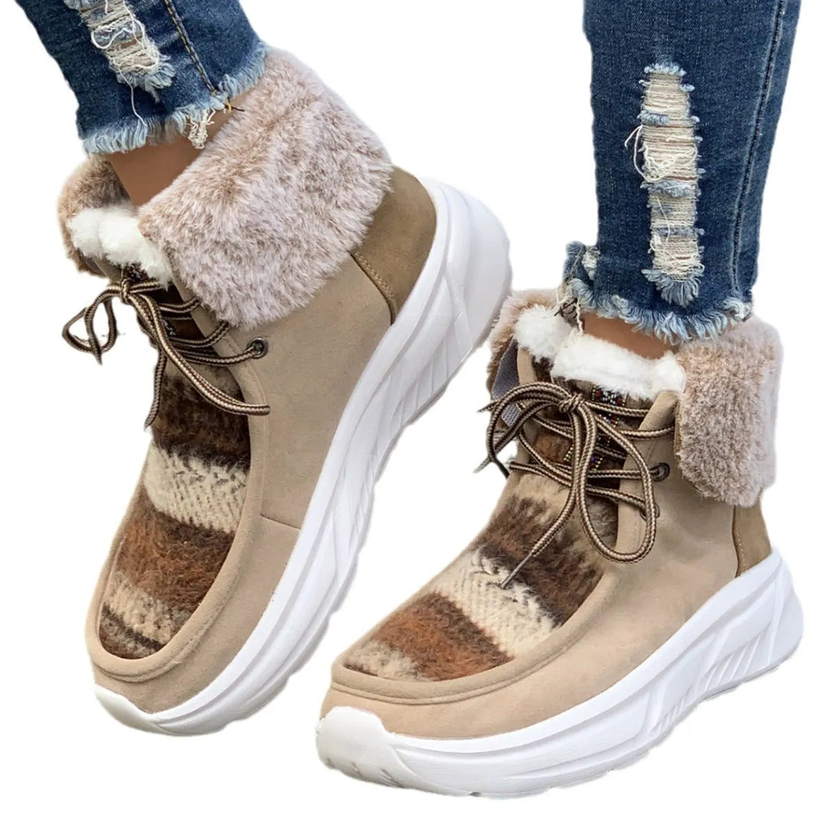 Women's beige lace-up snow boots with suede upper and thick rubber sole