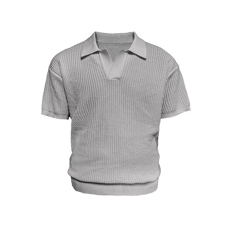 Men's loose fit striped polo shirt in ice silk fabric showing business collar and short sleeves