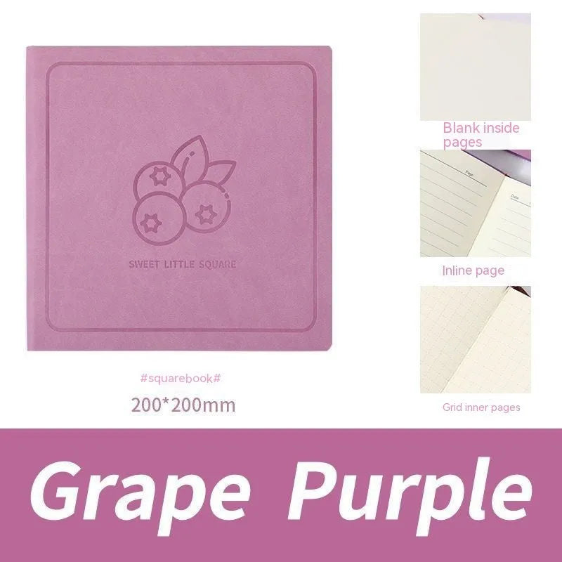 Square notebook with textured faux leather cover showing French fold binding and open blank pages