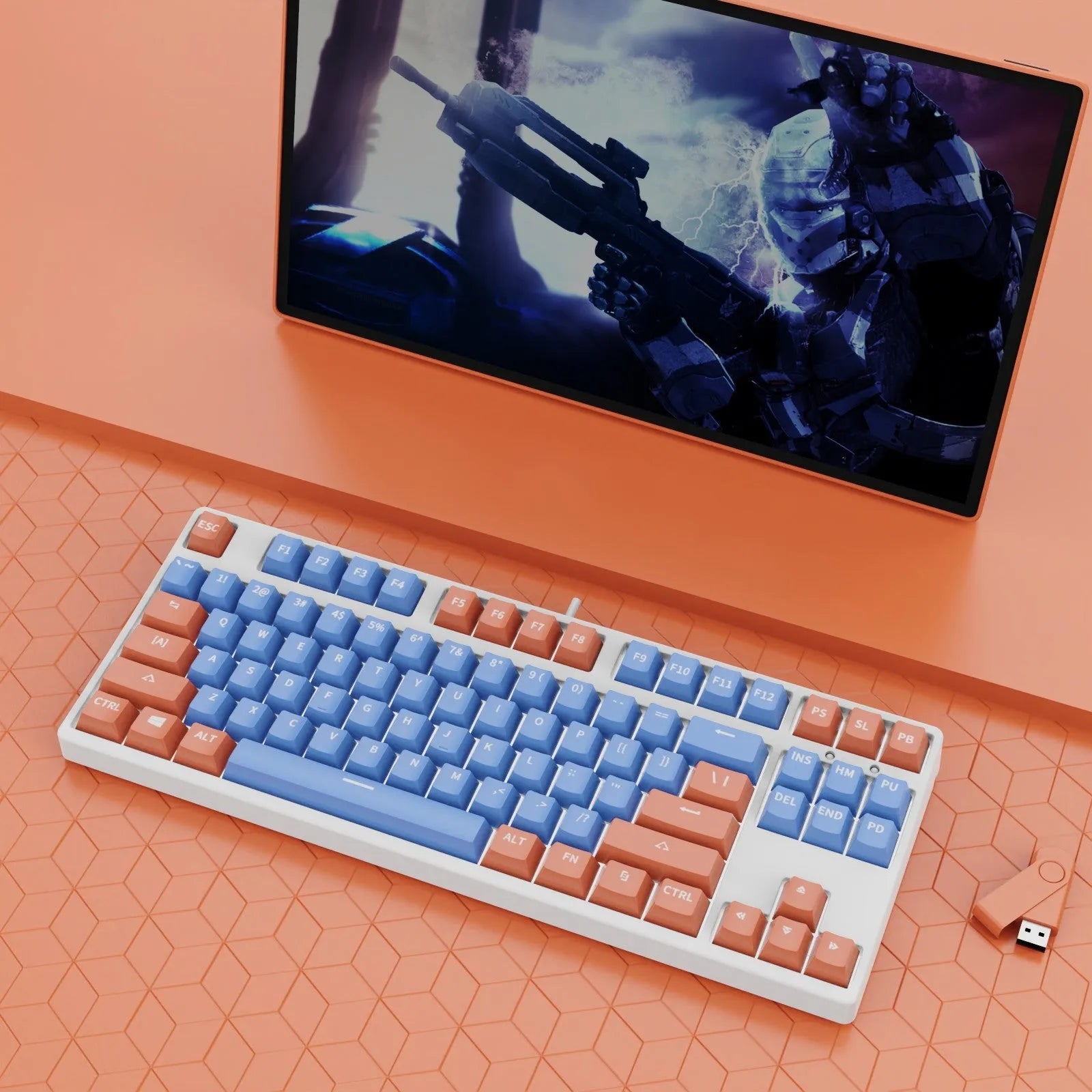87-key wired mechanical gaming keyboard with hot-swappable switches shown in a two-tone colour scheme on a metal chassis.