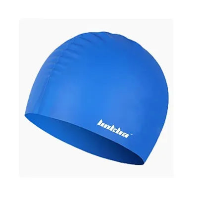 Silicone swimming cap with a graphic letter pattern, shown in one of five colours: black, white, yellow, blue, or grey.