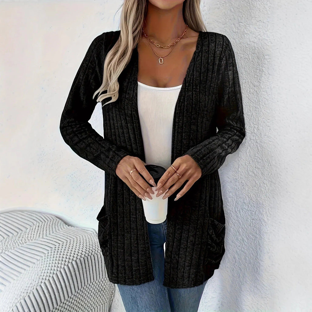 A loose-fit, solid colour long sleeve cardigan for women with a chest pocket, shown in grey and black.