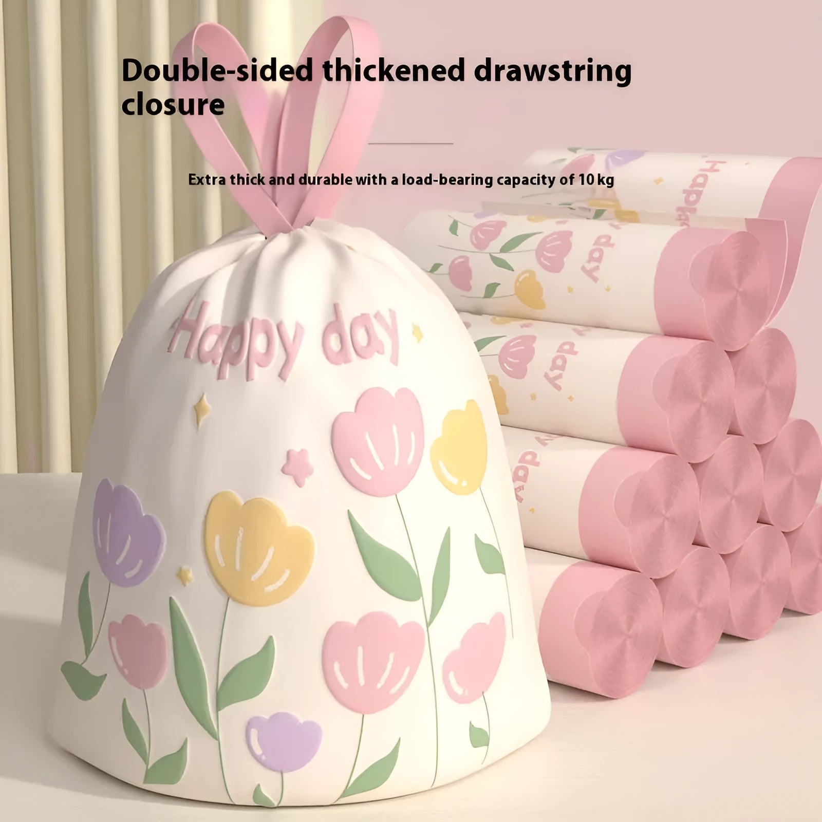 Pink drawstring garbage bags with natural argy wormwood mosquito repellent, sold in bulk packs.