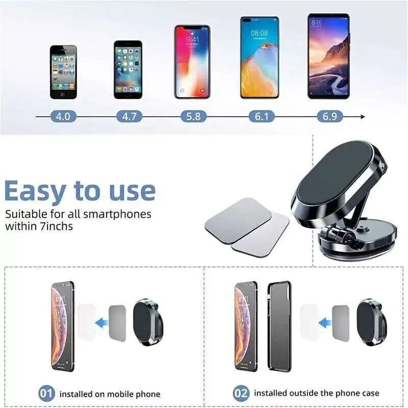 Chrome folding magnetic car phone holder with 360-degree swivel on car dashboard