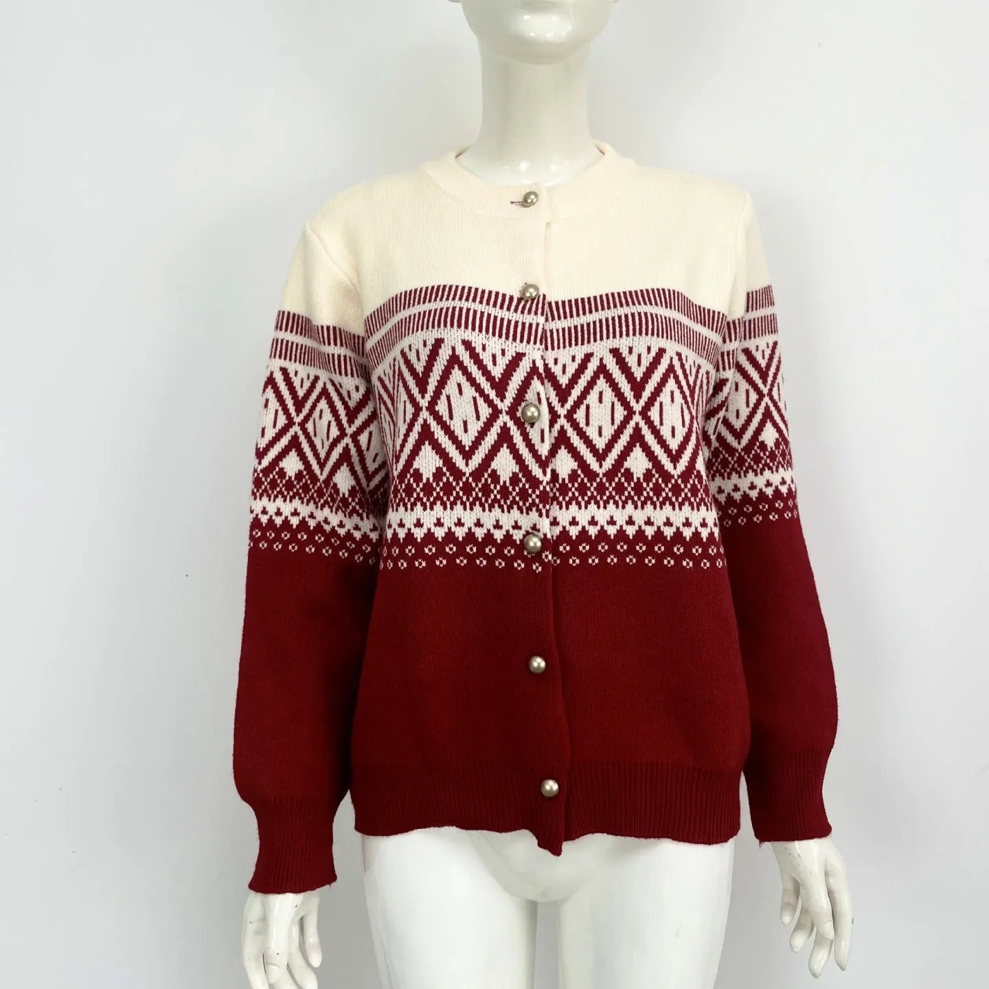 Women's red alpaca fleece cardigan with diamond knit pattern and contrast colour long sleeves