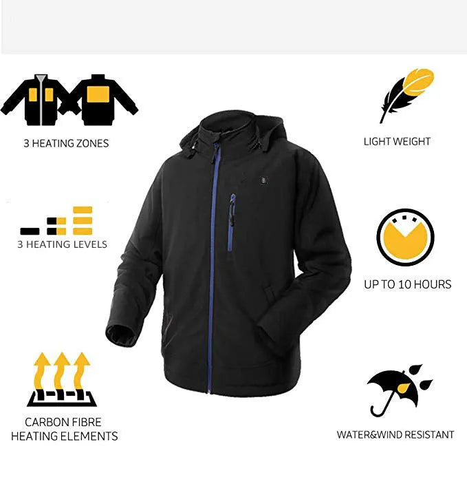 Black men's USB-heated waterproof winter coat with long sleeves and zipper pockets on a hanger.