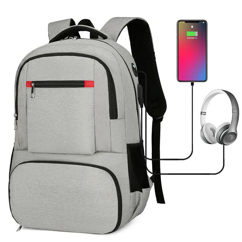 Light grey insulated oxford cloth backpack with curved shoulder straps and front compartments.