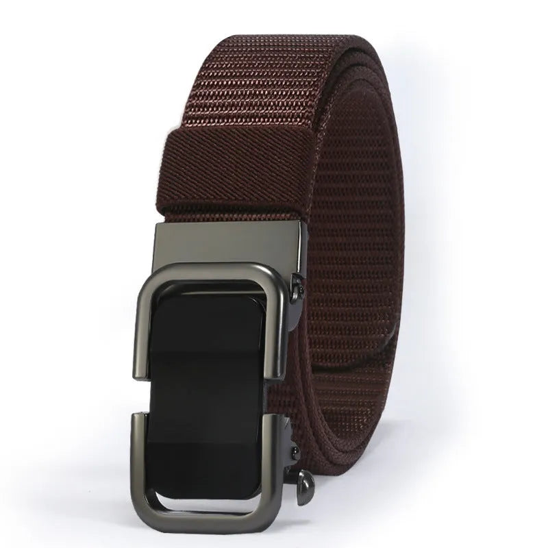 Toothless nylon canvas men's belt with alloy buckle shown in multiple colour options