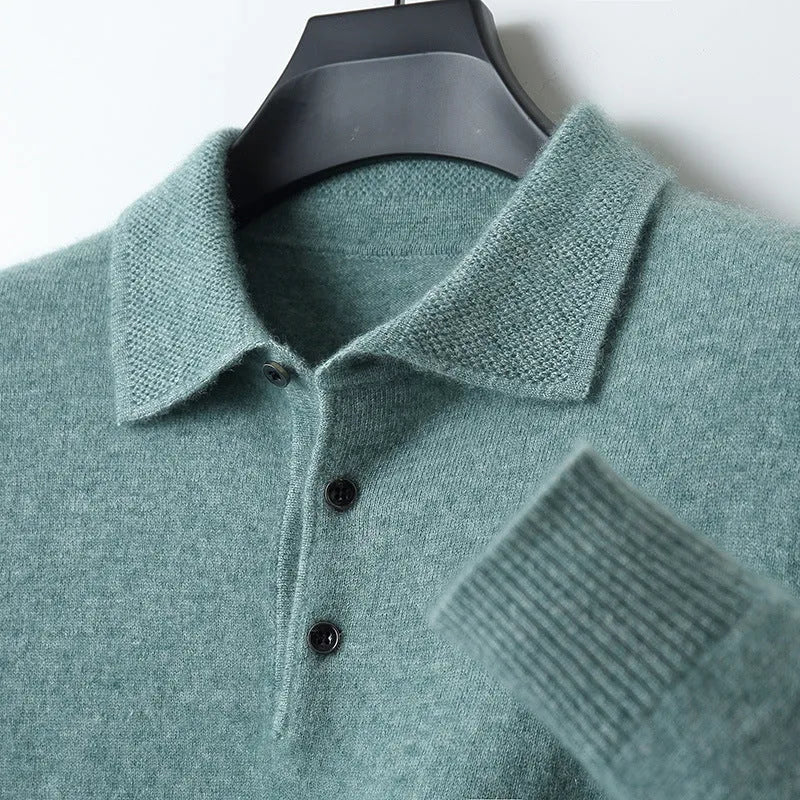Men's grey polo collar wool blend pullover sweater on a hanger