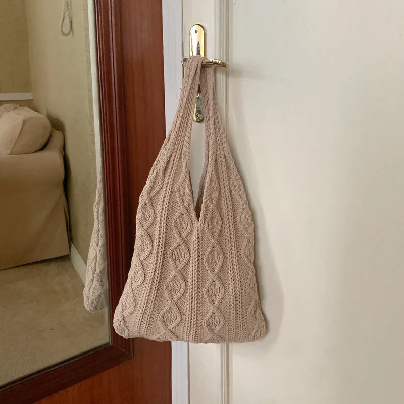 GWomens retro hollow knitted shoulder tote bag in woolen yarn with double straps and large 55cm capacity