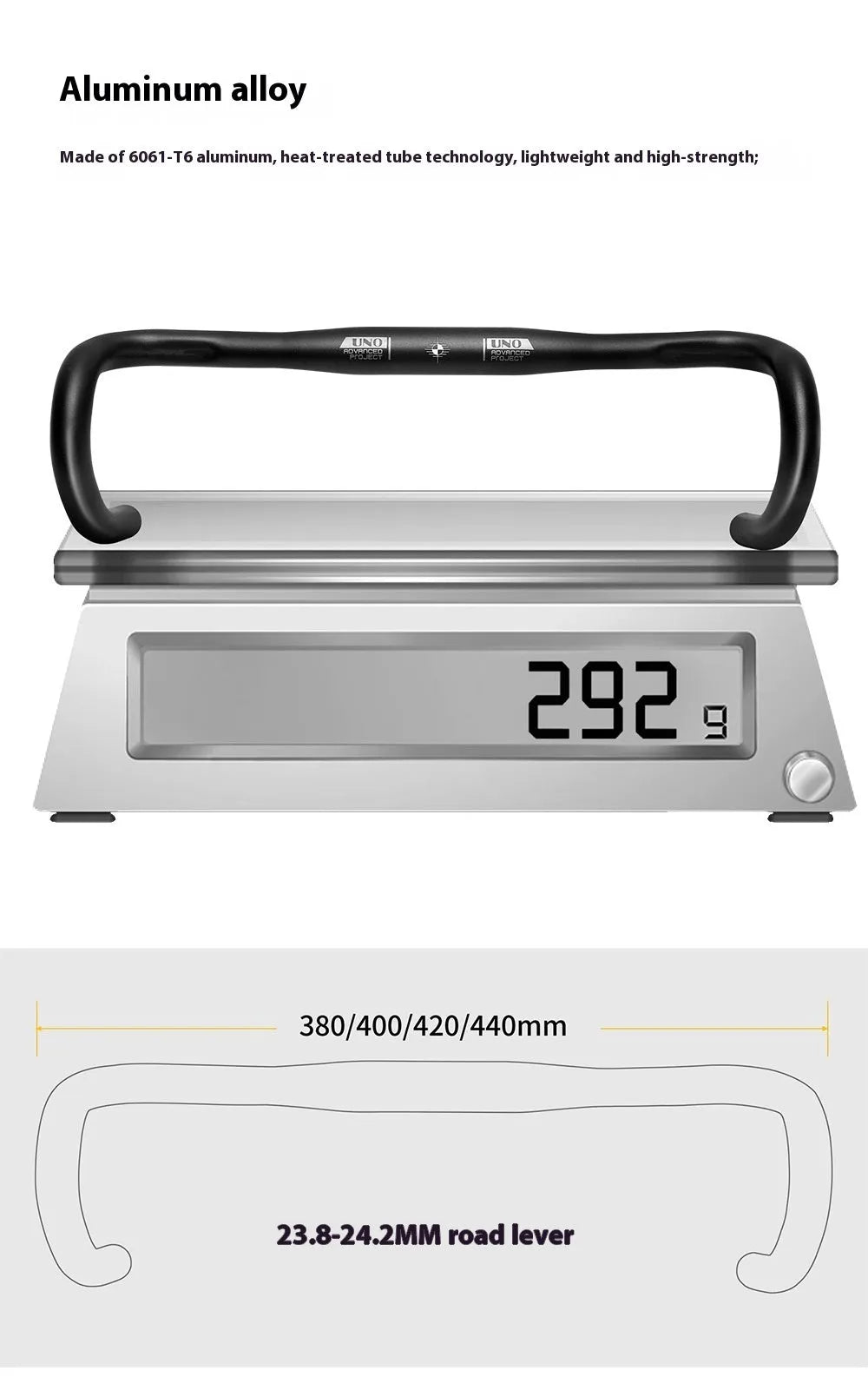 Black UNO aluminium alloy road bike drop handlebar showing bent shape and 31.8mm clamp area