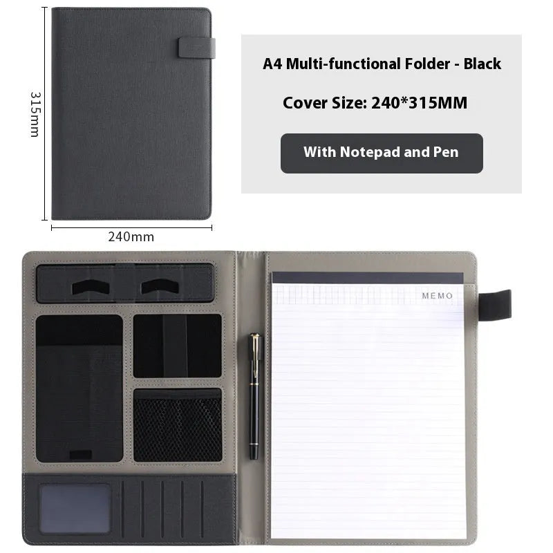 Leather A4 business folder in black with optional pen and notepad accessories