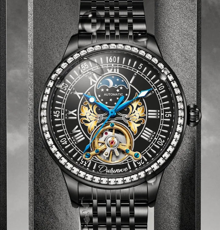 Men's stainless steel mechanical watch with round dial, transparent case back, and butterfly buckle
