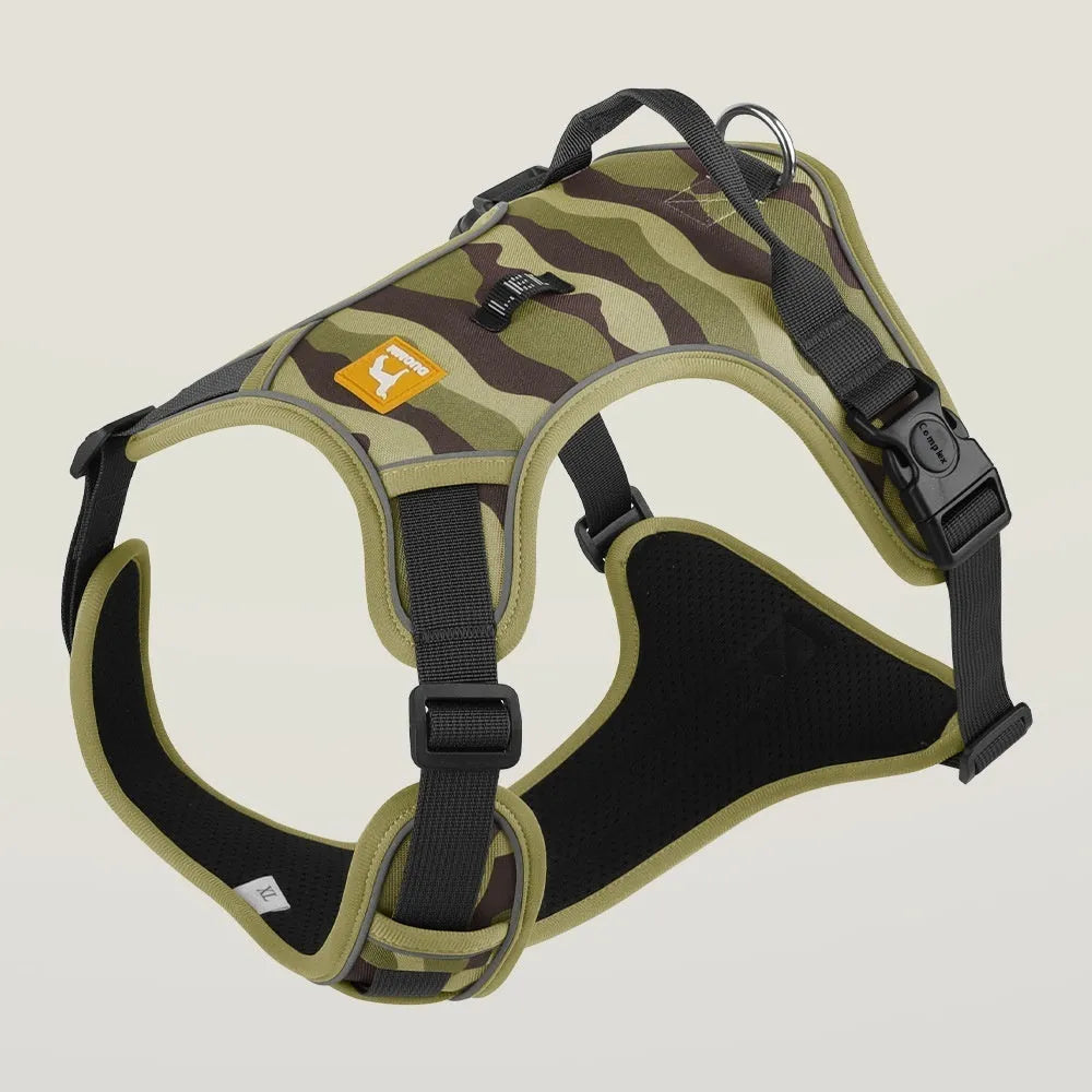 Orange reflective dog harness and leash combination for commuter safety, shown with size options.
