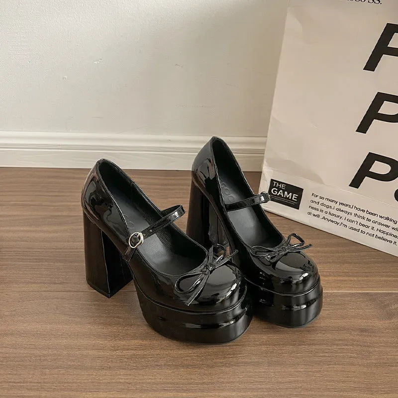 Women's chunky heel platform Mary Jane shoes in black with PU upper and buckle fastening