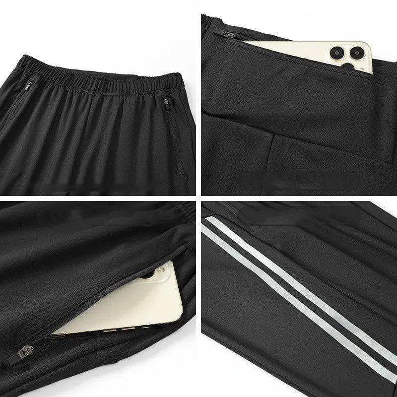 Men's black and navy blue running trousers with mid waist design and full length cut