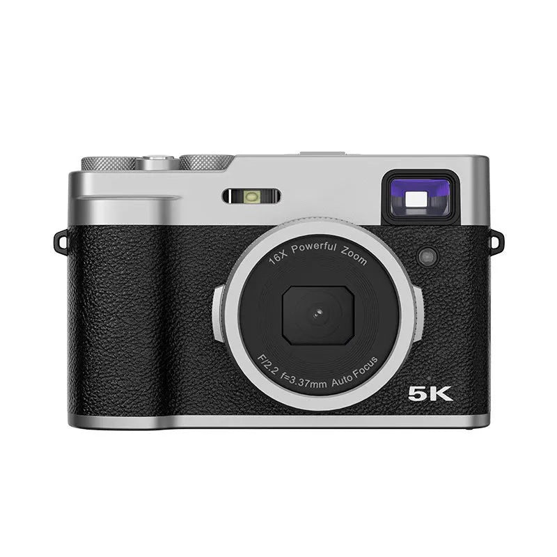Black 5K HD digital camera with front and rear lenses and an optical viewfinder on top.