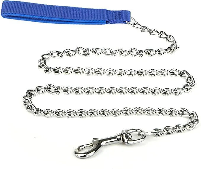 Heavy duty metal dog leash with padded handle in black, blue, or red for medium to large dogs