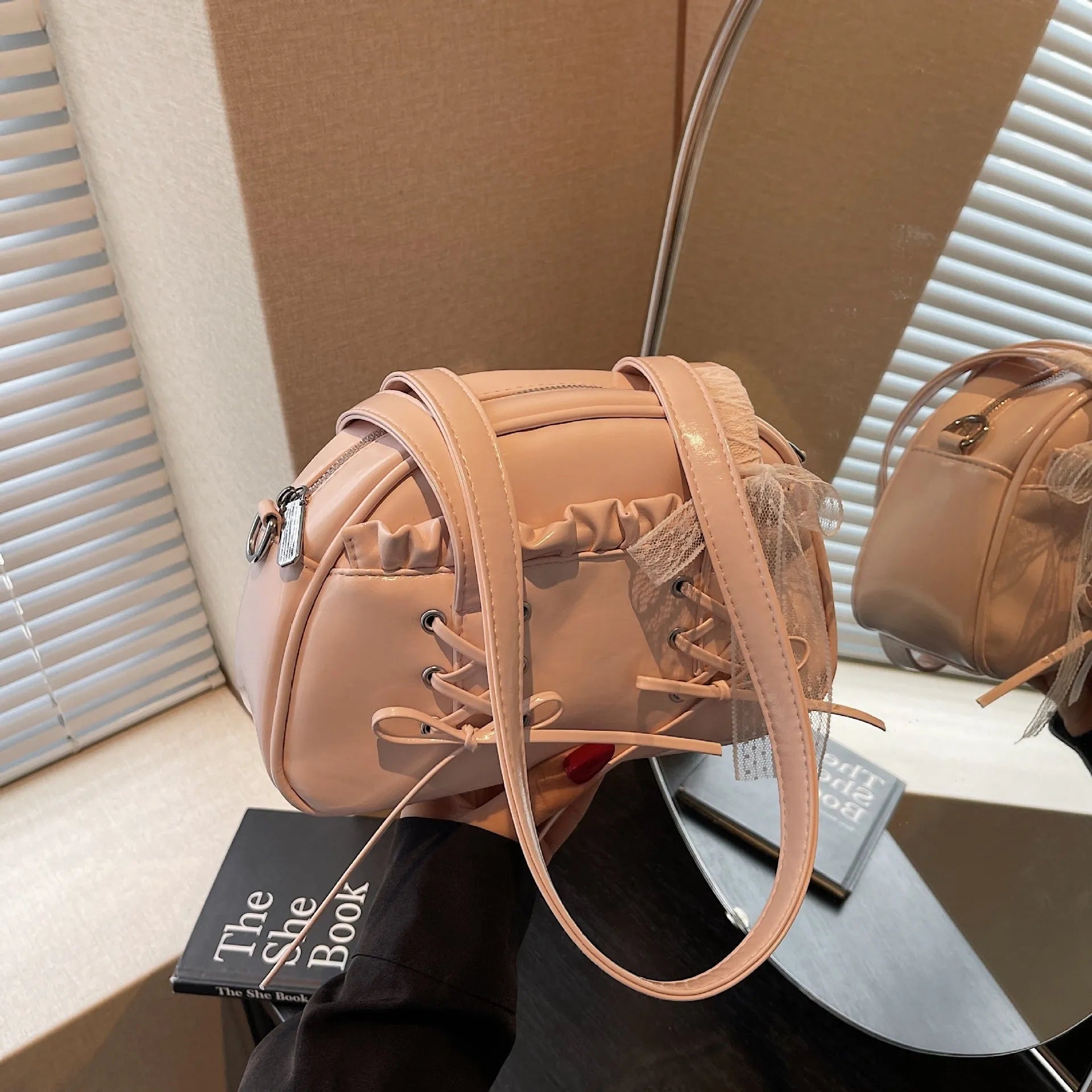 Women's casual PU leather handbag with bandage bow detail and crossbody strap