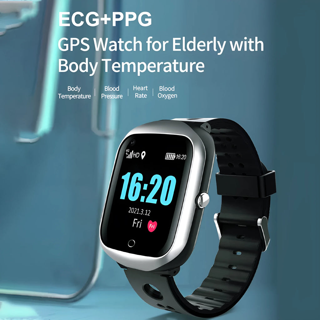 Square black GPS smartwatch for elderly positioning with a silicone strap on a wrist