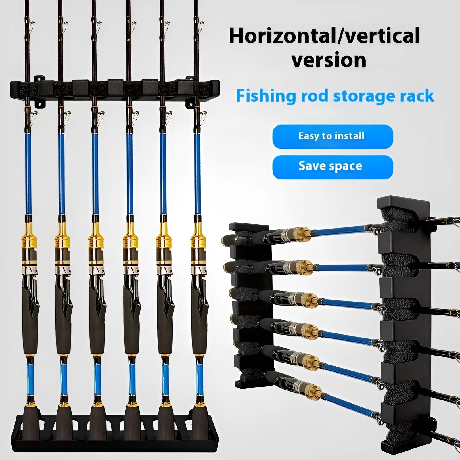 ABS plastic wall-mounted fishing rod holder with choice of horizontal or upright mounting styles
