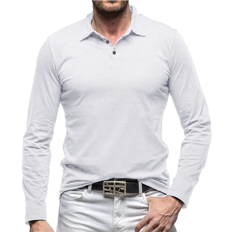 Men's dark grey long sleeve polo collar cotton t-shirt shown front on, American retro style.
