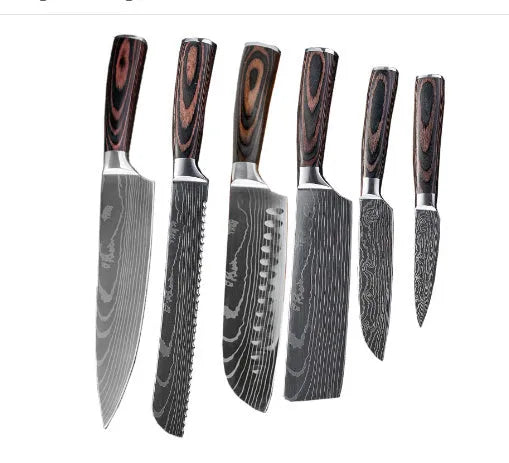 Kitchen chef knife with laser Damascus pattern on 7CR17 stainless steel blade and colour steel handle