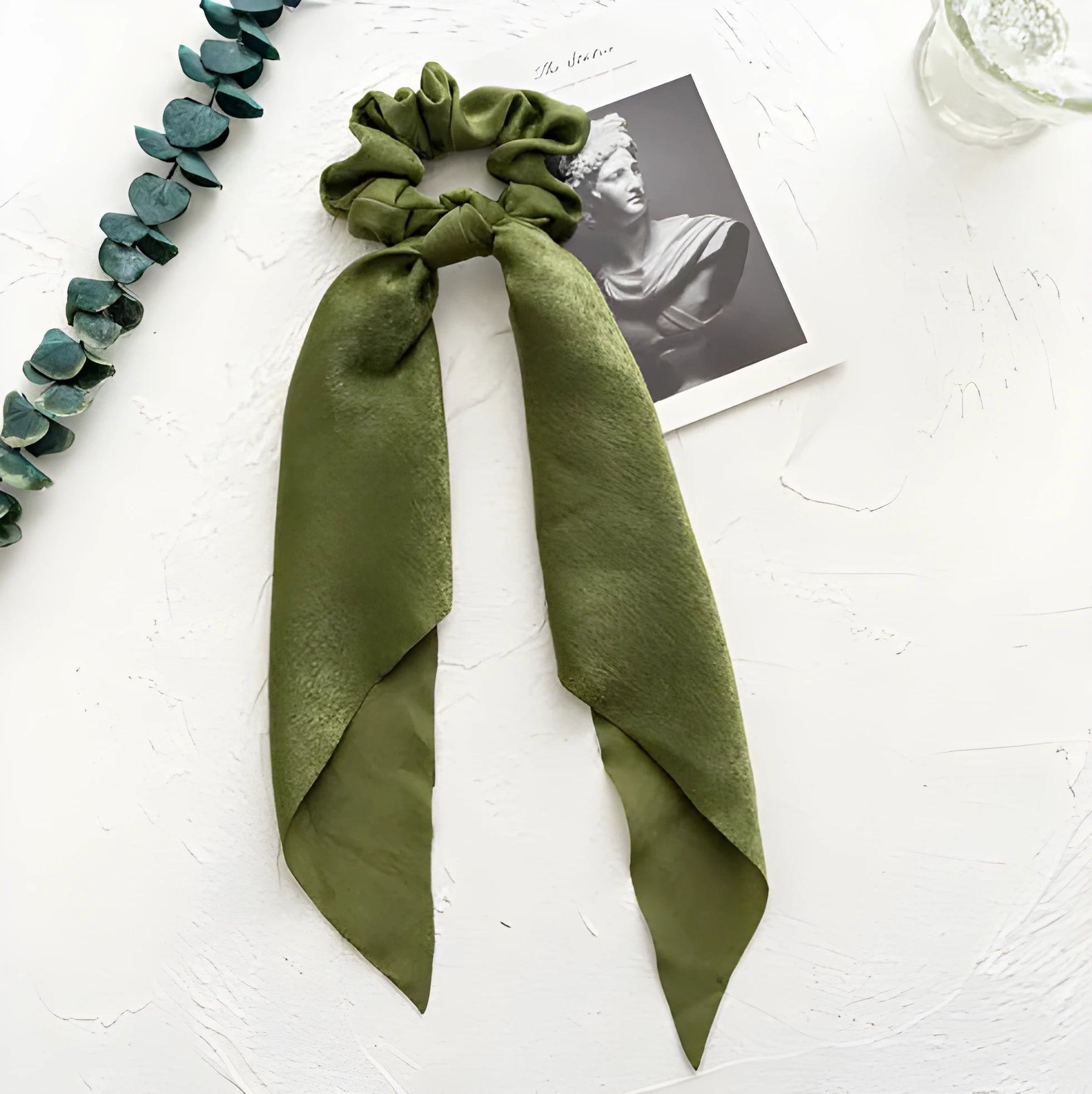 Long cloth ribbon hair tie with large intestine ring design in spring dark green colour