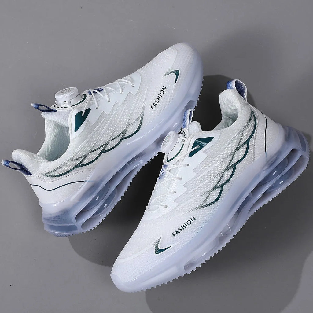 White rotating button youth sports casual shoes with mesh upper and rubber sole.
