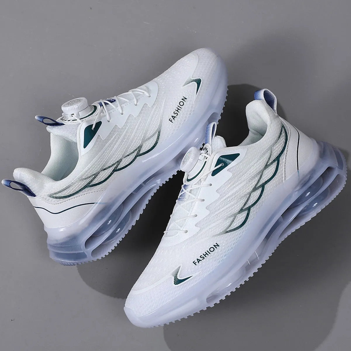 White rotating button youth sports casual shoes with mesh upper and rubber sole.