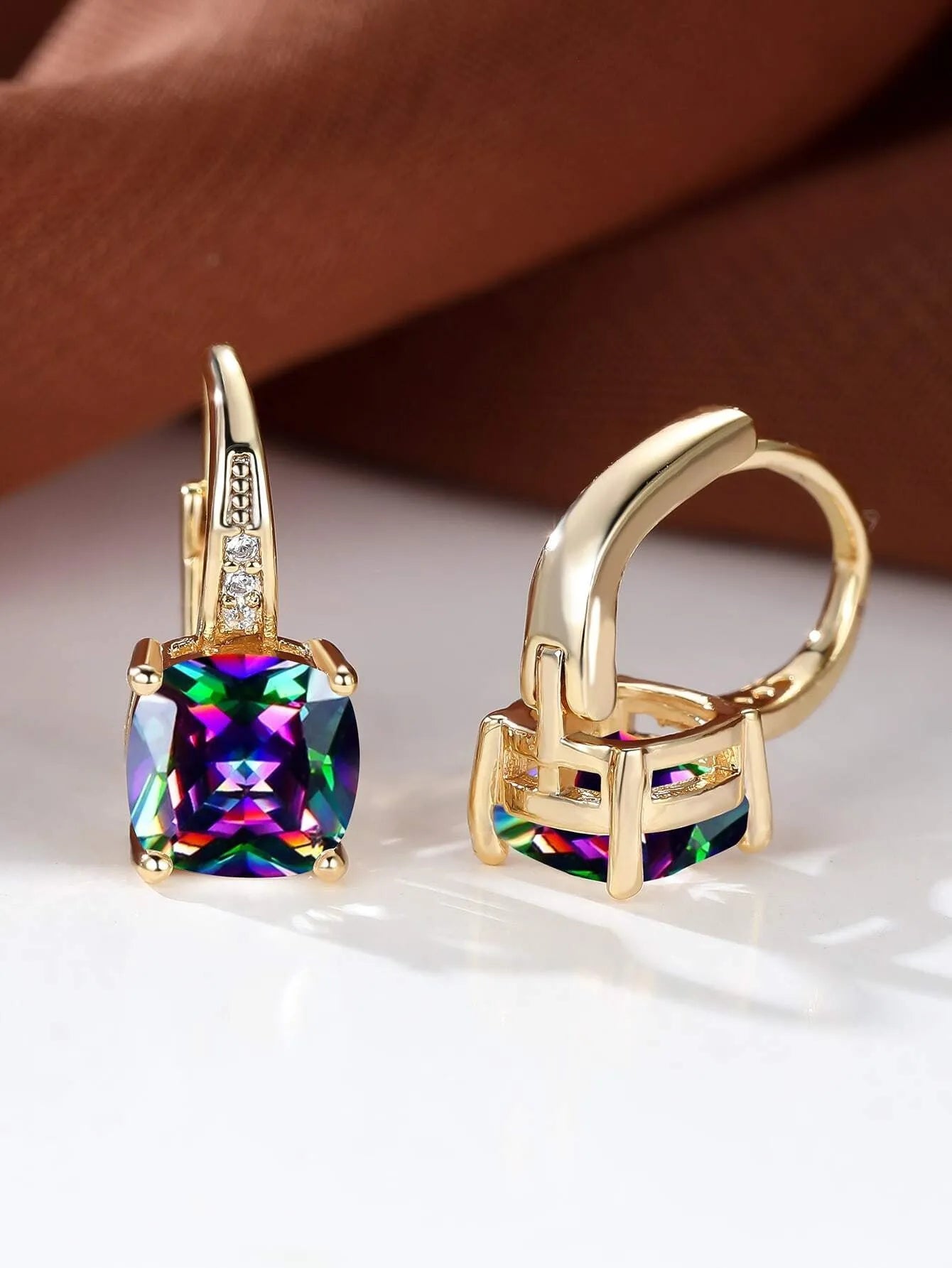 Geometric square ear clips with moissanite inlays in gold silver and coloured electroplated finishes