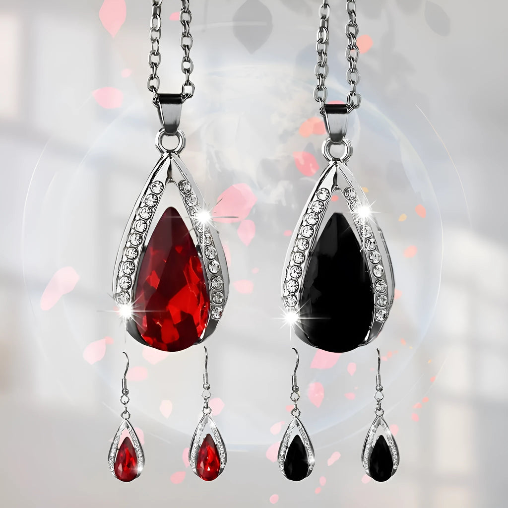 Teardrop pendant necklace and matching earrings set in black and red alloy jewellery