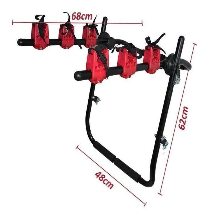 Black and red trunk mounted car bike rack with sponge padding, showing either tie rope or pull belt fastening.