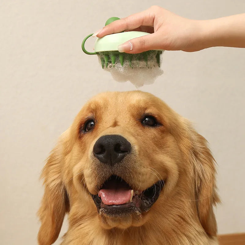 Pet grooming brush with soft silicone bristles and ABS handle for dog bath hair removal and massage