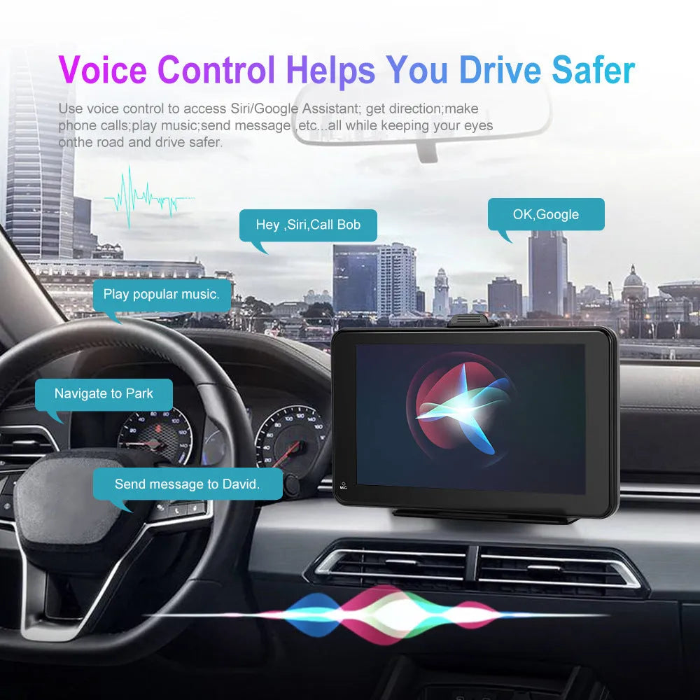 7-inch HD wired car multimedia player with screen, mounting brackets, cigarette lighter plug, and auxiliary cable on a dark background.