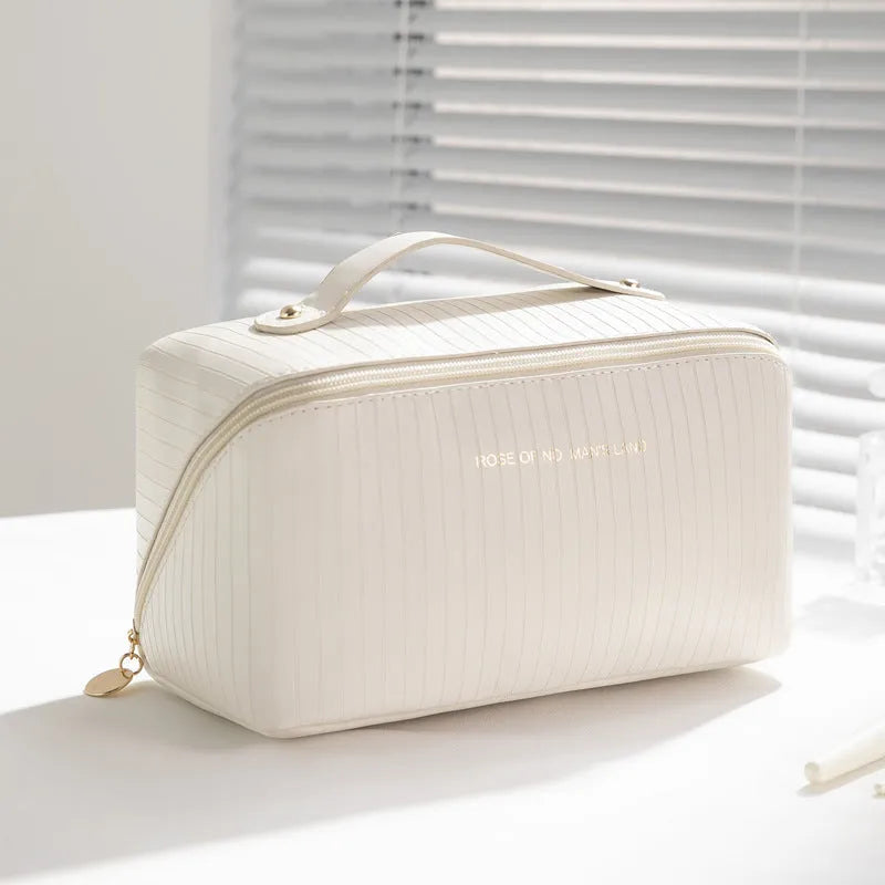 Cubic PU makeup bag with vertical pattern pillow design in beige, black, brown, grey, pink colours