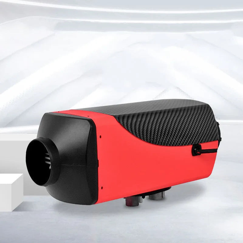 Red and black diesel air heater kit with fuel tank and components for vehicle cabin heating.
