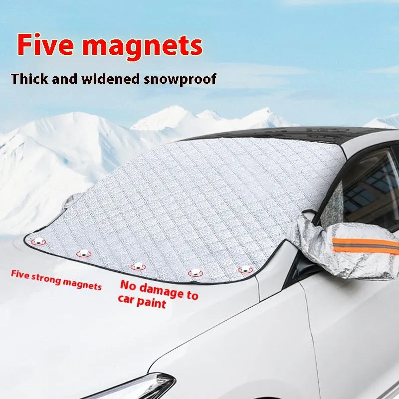 Large aluminium foil car cover for SUV windshield with magnets and reflective stripes.