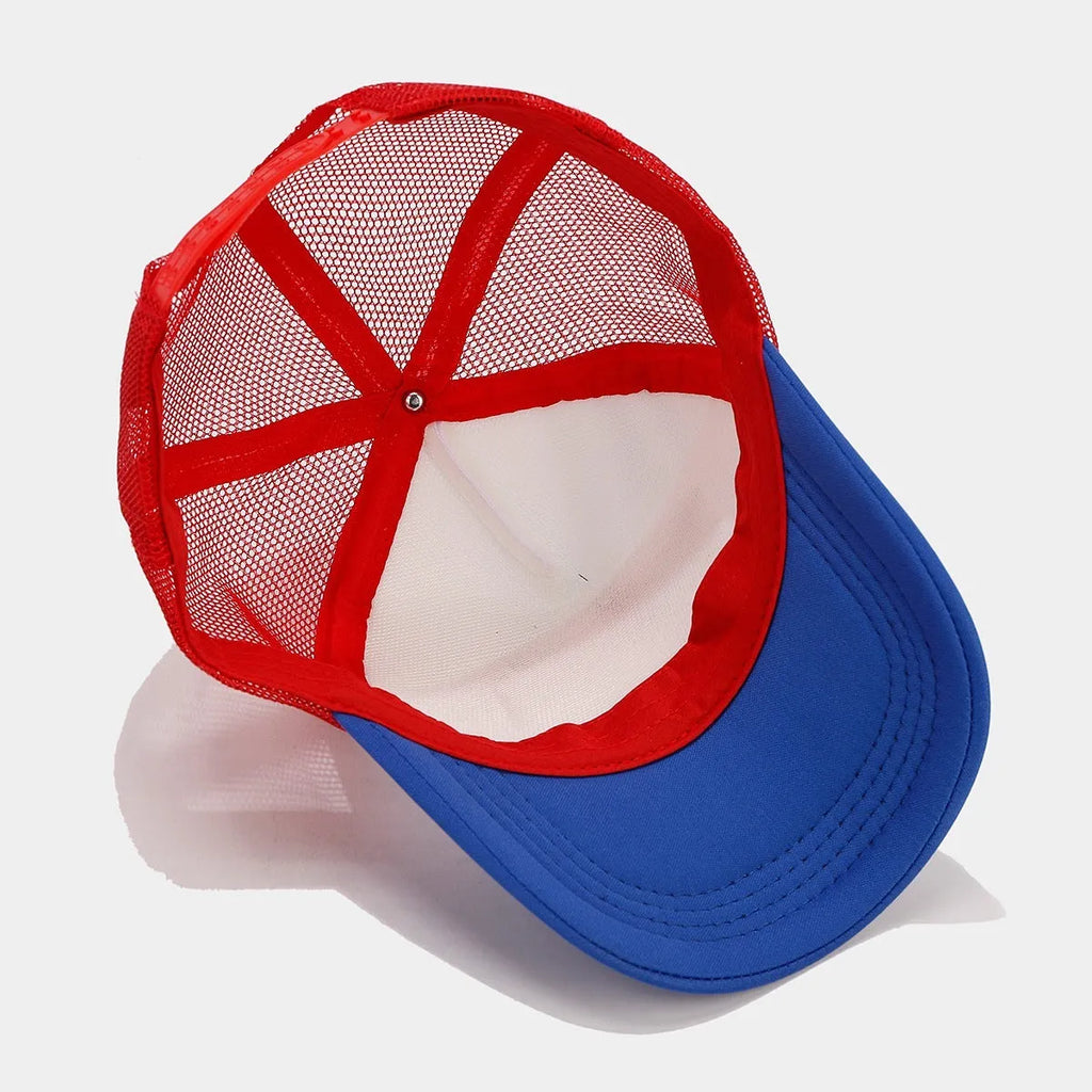 Red and blue contrast adjustable baseball cap with dome crown and mesh fabric