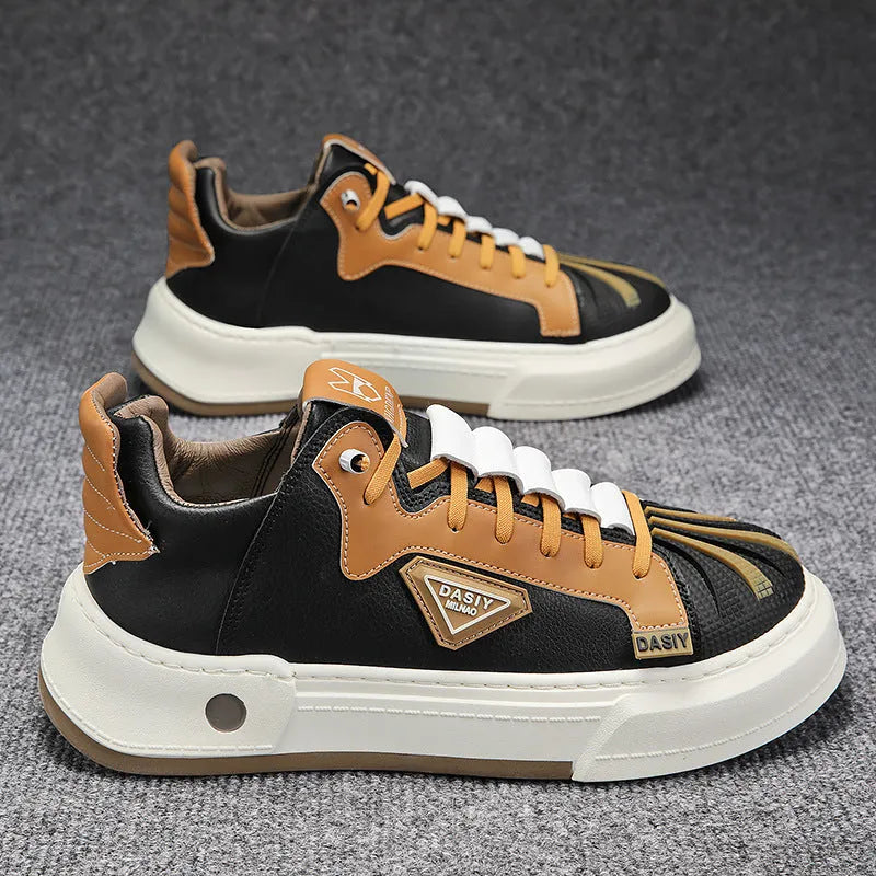 Men's beige low-top casual sneakers with elastic band and round toe, showing leather stitching detail.