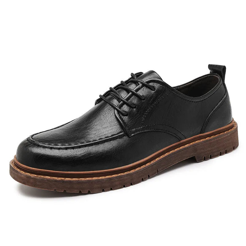 Men's brown casual leather slip-on shoes with round toe and flat rubber sole