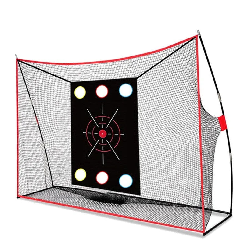 Golf swing wedge training net set with cross target, straw mat, and practice balls