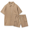 Women's beige short sleeve top and elastic waist shorts two-piece casual set.