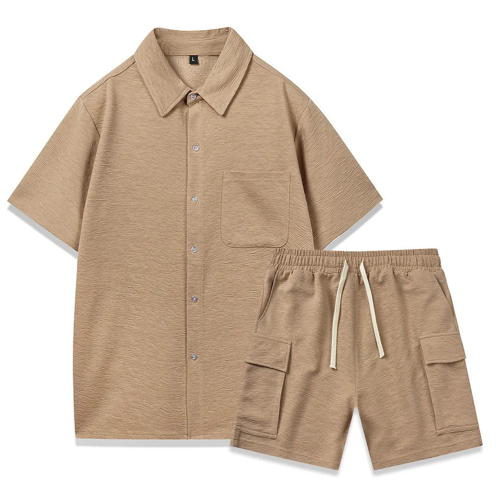 Women's beige short sleeve top and elastic waist shorts two-piece casual set.