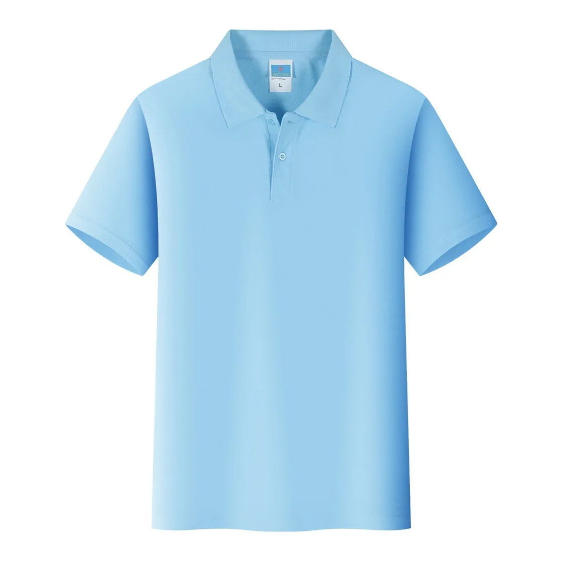 Short sleeve cotton work shirt in straight fit for corporate embroidery on a hanger.