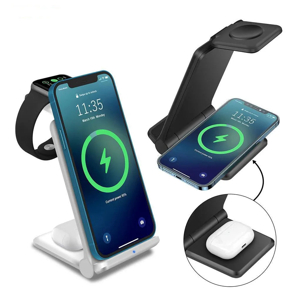 White 3-in-1 foldable wireless charging station showing iPhone, AirPods, and Apple Watch charging simultaneously